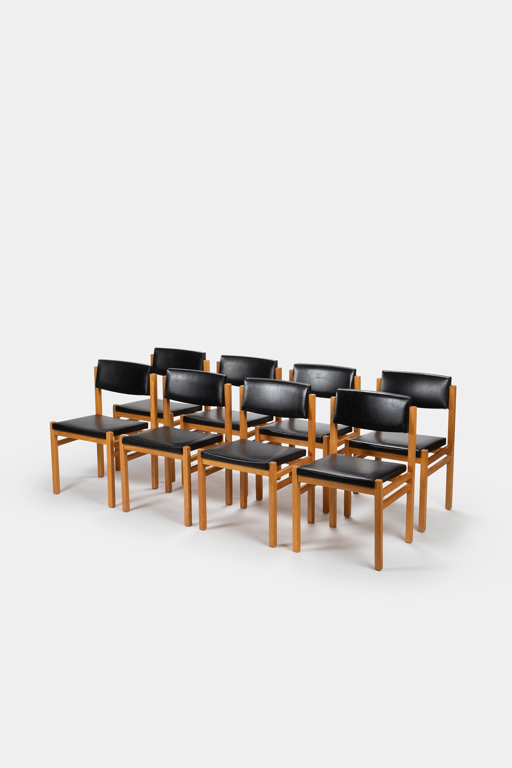 Set with 4 Hermann Baur chairs, oak and leather 60s