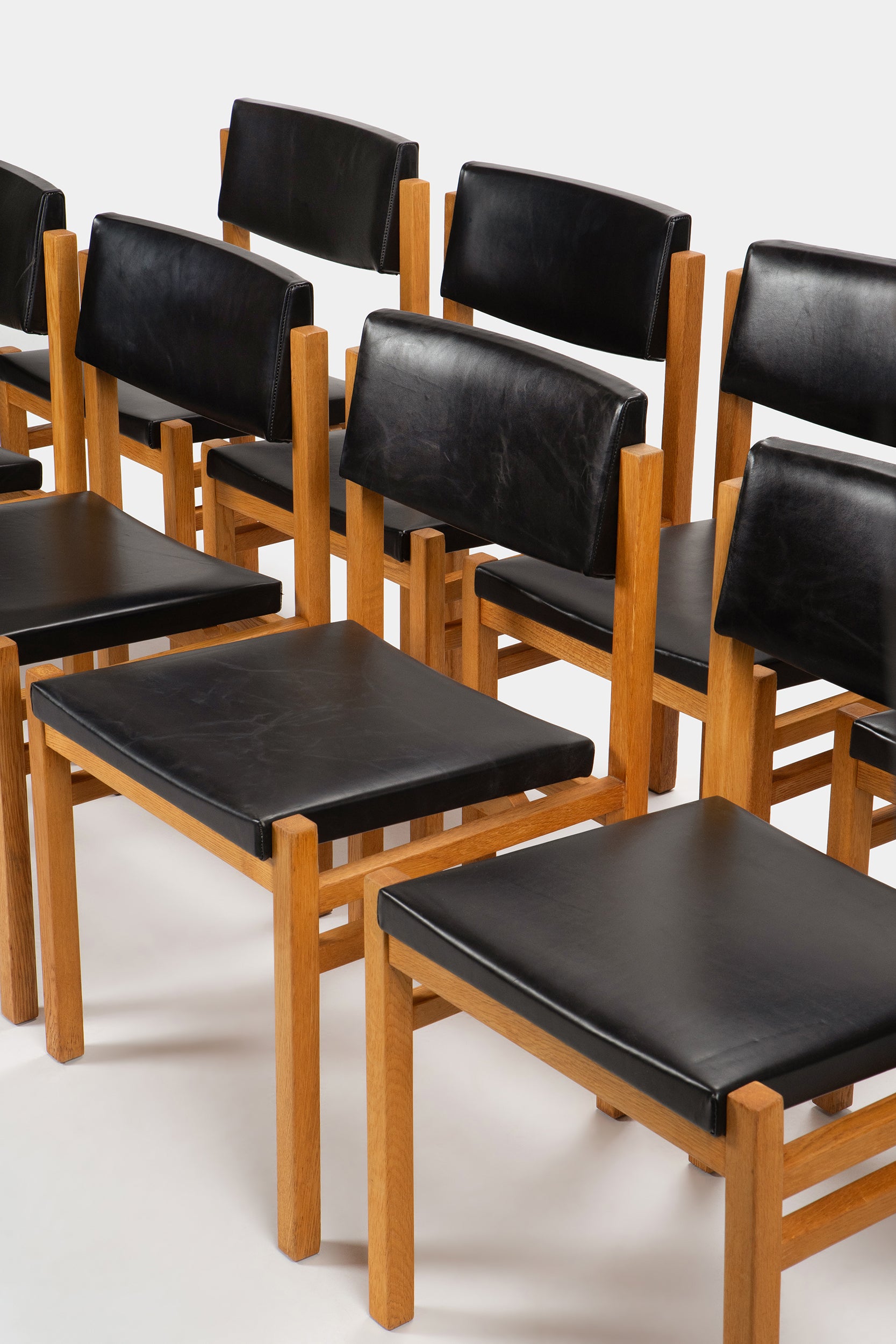 Set with 4 Hermann Baur chairs, oak and leather 60s