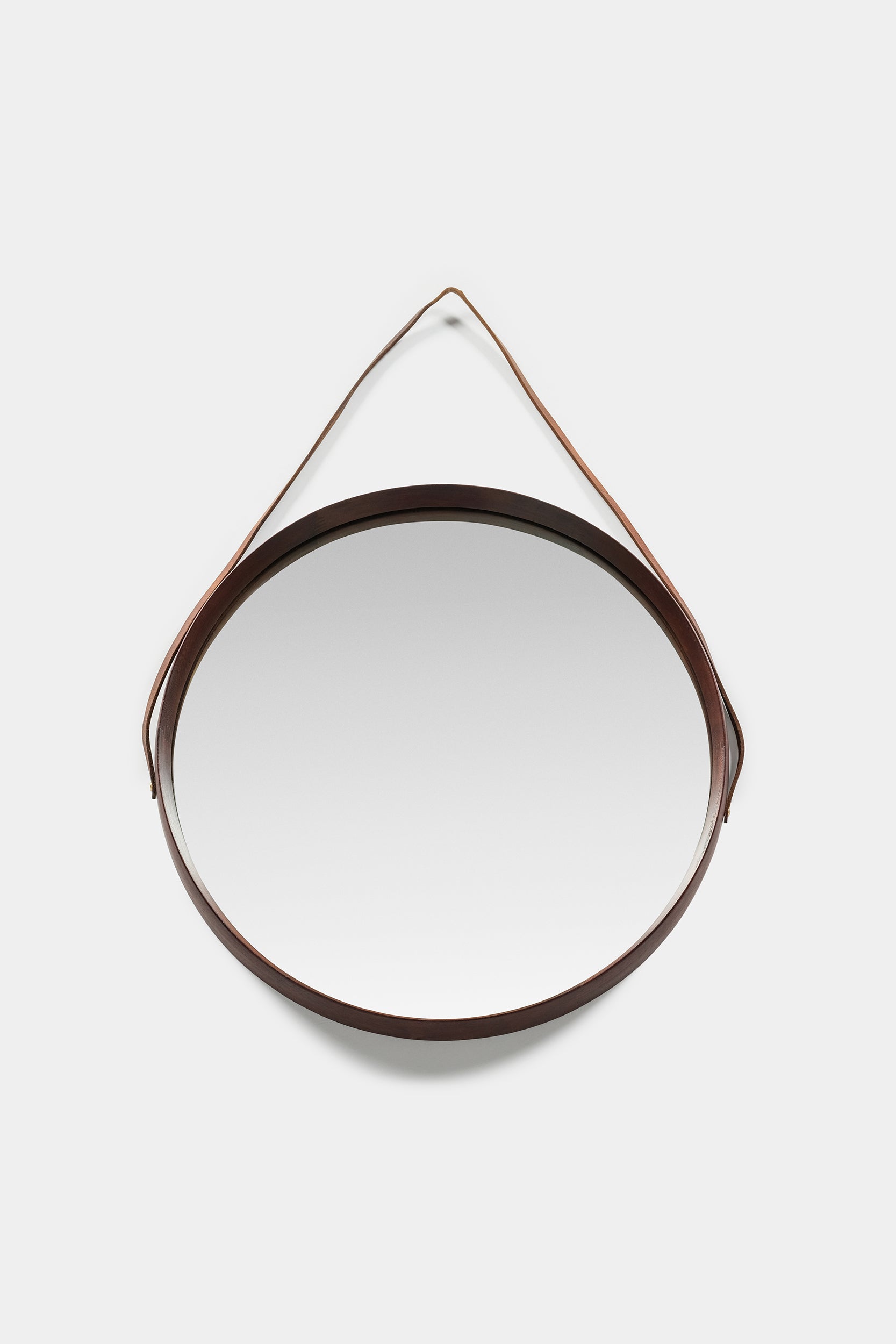 Italian round mirror, mahogany, leather 60s