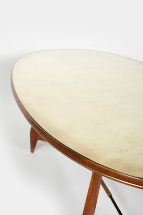Ovaler Italienischer Holztisch Blattvergoldet mit Glasplatte 40er