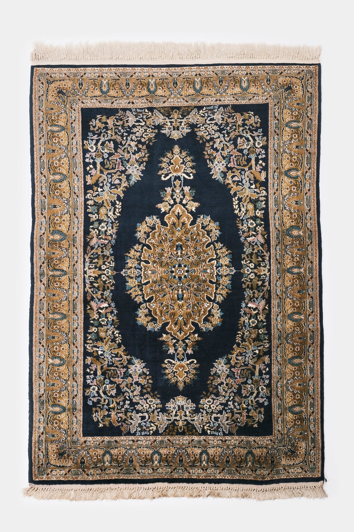 Teppich blau Kashmir mit Seide Indien 60er